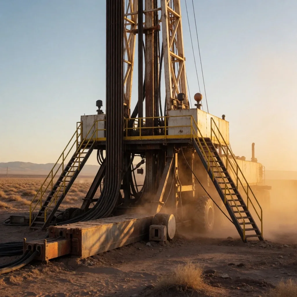 Instalaciones de extracción en la cuenca de Vaca Muerta al amanecer